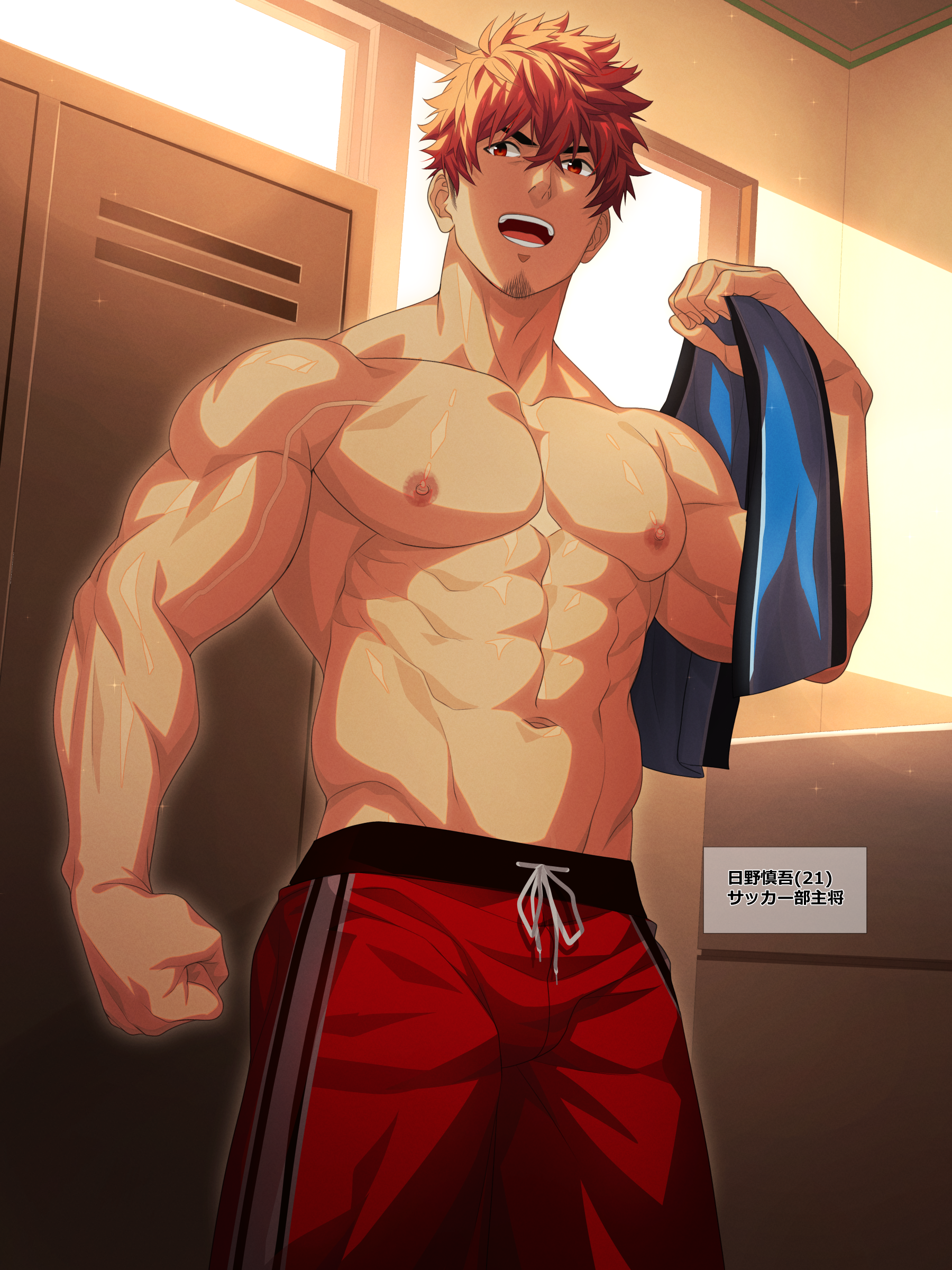 1boy abs absurdres bara facial_hair hifumi_(3b_x) highres holding holding_towel indoors large_pectorals locker locker_room male_focus muscular muscular_male navel nipples open_mouth orange_hair original paid_reward_available pectorals red_shorts short_hair shorts smile solo topless_male towel translation_request