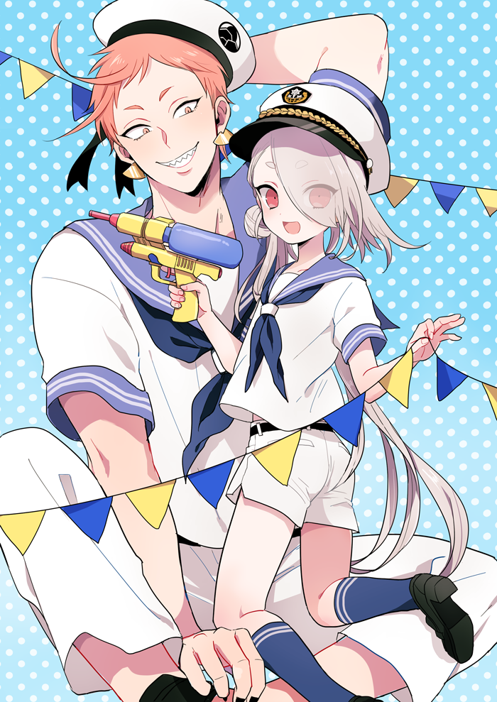 10s 2boys 50yen_(gojiue) blue_legwear bunting earrings eyes_visible_through_hair grin hair_over_one_eye hat ima-no-tsurugi iwatooshi jewelry kneehighs kneeling male_focus multiple_boys open_mouth orange_eyes orange_hair pennant polka_dot polka_dot_background red_eyes sailor sailor_hat sharp_teeth shorts sitting size_difference smile socks string_of_flags teeth touken_ranbu water_gun white_hair