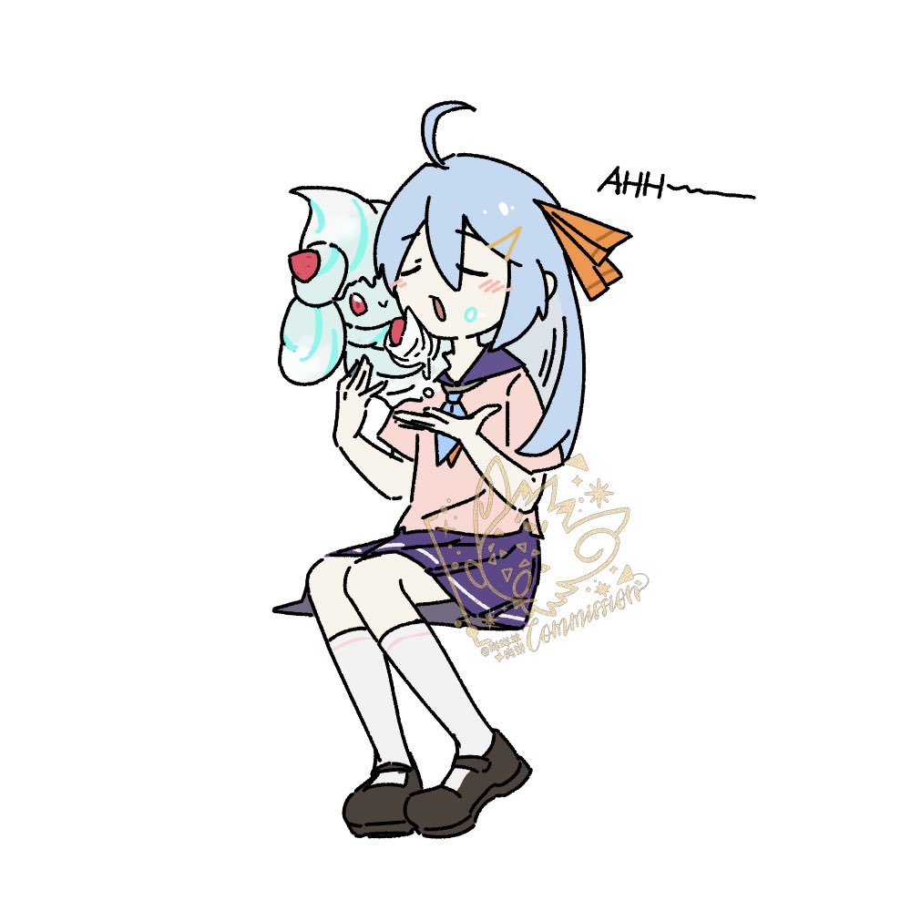 2girls :&gt; :d alcremie alcremie_(mint_cream) alcremie_(strawberry_sweet) blue_hair blue_neckerchief brown_shoes closed_eyes creature_as_food deformed food food-themed_creature food-themed_hair_ornament fruit full_body gen_8_pokemon hair_ornament looking_at_another multiple_girls neckerchief nintendo open_mouth orange_ribbon pink_shirt pokemon pokemon_(creature) purple_sailor_collar purple_skirt red_eyes ribbon robinlovesop sailor_collar shirt shoes simple_background sitting skirt smile socks strawberry strawberry_hair_ornament whipped_cream white_background white_socks