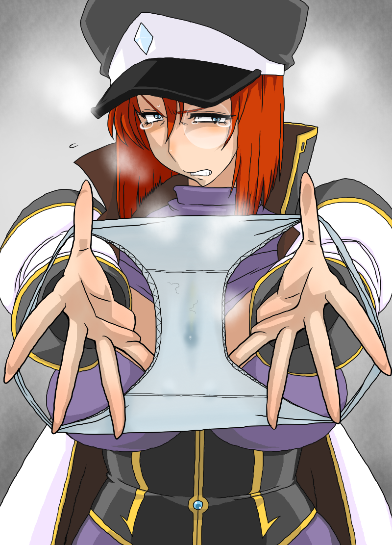 00s 1girl blue_eyes blush cape clenched_teeth facing_viewer female_focus female_pubic_hair flying_sweatdrops forte_stollen galaxy_angel gradient_background hat looking_at_viewer military military_uniform monocle panties peaked_cap pubic_hair red_hair round_eyewear short_hair simple_background solo sorashu stained_panties stray_pubic_hair tearing_up tears teeth underwear upper_body