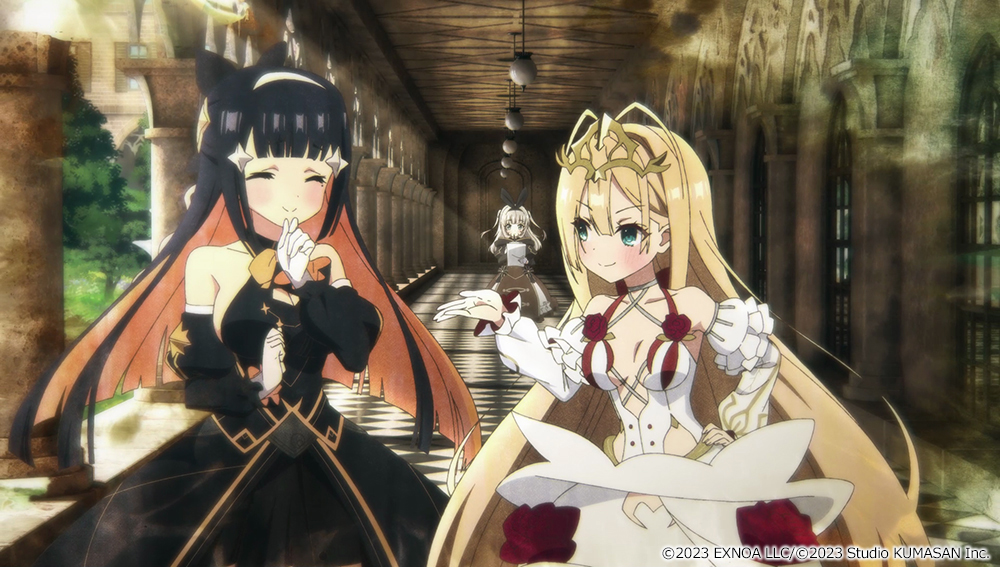 2023 3girls arte_(girls_creation) black_dress black_hair blonde_hair blue_eyes blush breasts character_request closed_eyes column crown detached_sleeves dress game_cg girls_creation gogh_(girls_creation) gold grass grey_hair hallway hand_on_own_hip large_breasts long_hair medium_breasts multicolored_hair multiple_girls orange_hair paper pencil pillar smile twintails two-tone_hair white_dress window