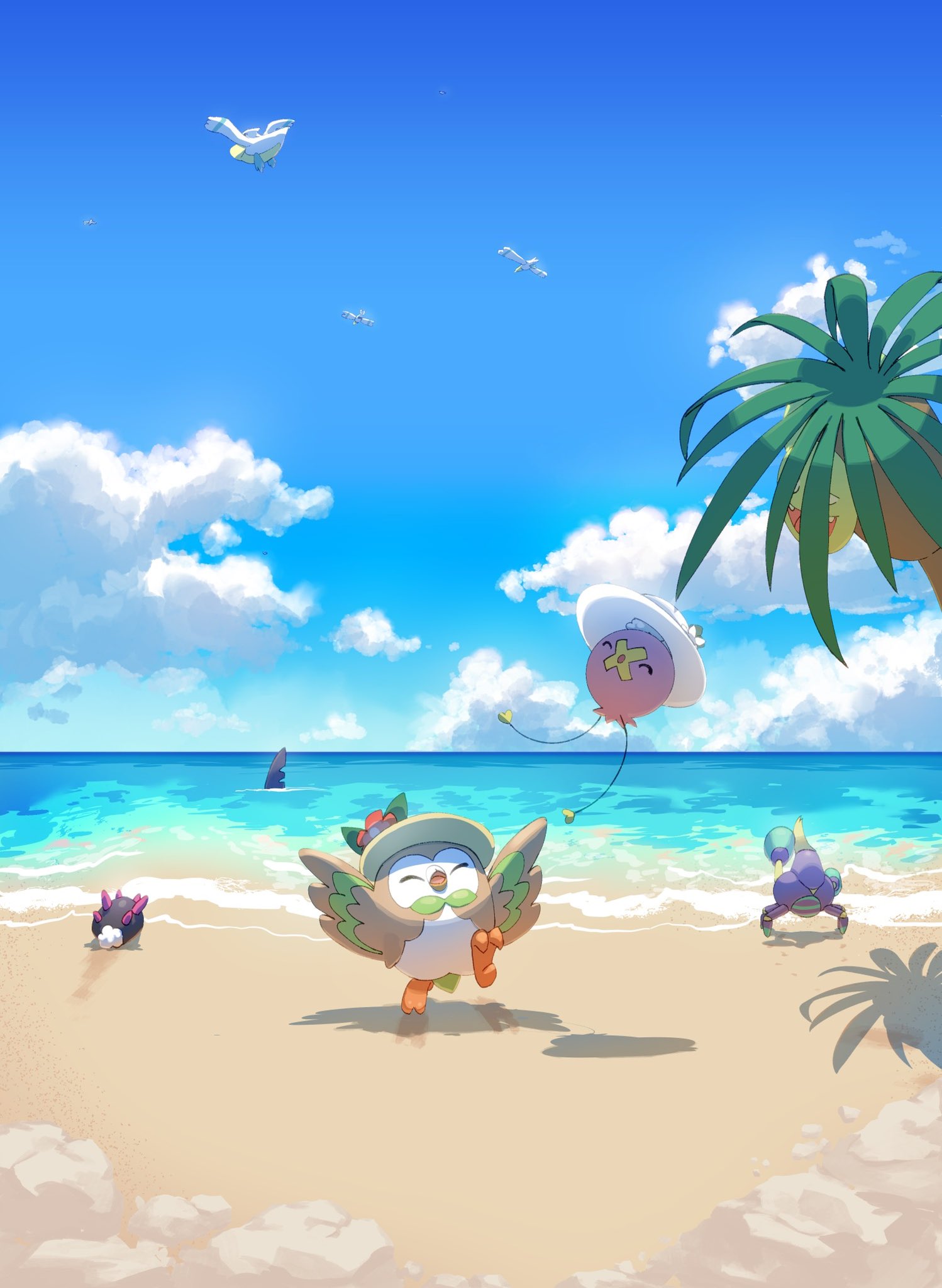 alolan_exeggutor alolan_form beach bird blue_sky clothed_pokemon cloud cloudy_sky commentary_request crabrawler day drifloon flower gen_3_pokemon gen_4_pokemon gen_7_pokemon hat hat_flower highres mokukitusui nintendo no_humans outdoors pelipper pokemon pokemon_(creature) pyukumuku red_flower rowlet sand sky water wingull yellow_headwear