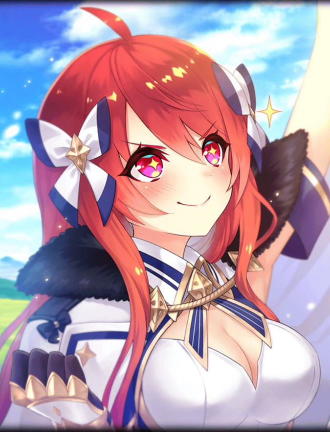 ahoge ancient_killers_(phantom_of_the_kill) artist_request black_gloves blush bow breasts cleavage cleavage_cutout clothing_cutout collar day fur_trim gloves hair_bow hercule_(phantom_of_the_kill) jacket official_art phantom_of_the_kill red_eyes red_hair sky smile solo star-shaped_pupils star_(symbol) symbol-shaped_pupils