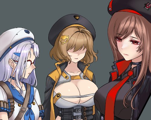 3girls ahoge anis_(nikke) arm_pouch beret black_jacket breasts brown_hair cleavage collared_leotard counters_(nikke) glasses goddess_of_victory:_nikke grey_hair hat hoshiberuu jacket large_breasts long_hair long_sleeves looking_down looking_up lowres multiple_girls necktie neon_(nikke) open_mouth partially_shaded_face rapi_(nikke) red_eyes red_necktie sad shirt short_hair unfinished
