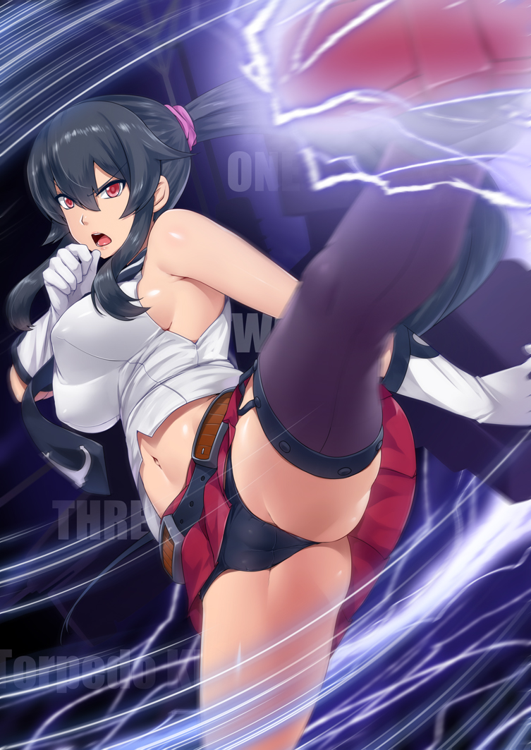 10s 1girl asymmetrical_legwear black_hair black_panties black_thighhighs breasts cameltoe commentary_request darkmaya female_focus gameplay_mechanics gloves kancolle_arcade kantai_collection kicking large_breasts long_hair midriff navel necktie open_mouth panties pantyshot pleated_skirt red_eyes red_skirt roundhouse_kick school_uniform serafuku sidelocks single_thighhigh skirt sleeveless solo thighhighs underwear uneven_legwear white_gloves yahagi_(kancolle)