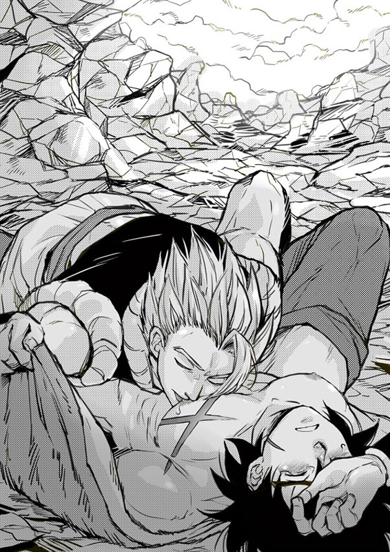 2boys abs bare_pectorals between_legs blush broly_(dragon_ball_super) clothes_pull cloud cross_scar dragon_ball dragon_ball_super dragon_ball_super_broly facial_scar gogeta greyscale hair_between_eyes hand_on_own_forehead jacket jacket_pull licking licking_nipple loose_hair_strand lying male_focus medium_hair metamoran_vest monochrome multiple_boys muscular muscular_male nipple_stimulation nipples on_back on_ground open_mouth outdoors pants pants_pull pectorals rock saliva sash scar scar_on_arm scar_on_cheek scar_on_chest scar_on_face short_hair sky sleeveless spiked_hair sucking_male_nipple sweatdrop topless_male undressing undressing_another vest wristband yaoi
