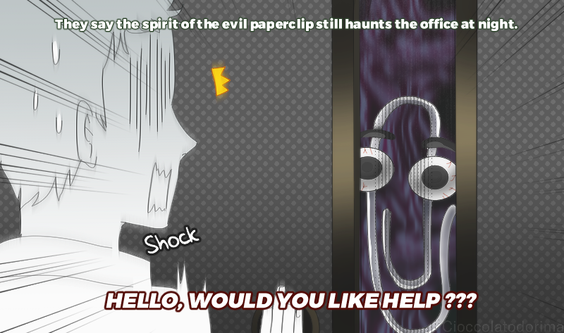 1boy 1other ^^^ anime_coloring aura bloodshot_eyes cioccolatodorima clippy color_drain creature dark_aura english_text fake_screenshot male_focus microsoft_office microsoft_word office_assistant paperclip parody scared shaded_face subtitled surprised sweatdrop wavy_mouth