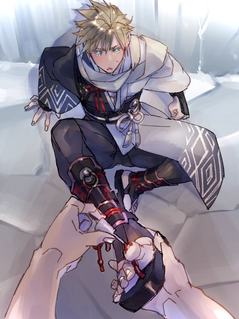 1boy applying_pedicure aqua_eyes armor black_pants blonde_hair cloud_strife cloud_strife_(official_festive_garb) feet_out_of_frame final_fantasy final_fantasy_vii final_fantasy_vii_ever_crisis flower_knot from_above full_body grey_scarf hair_between_eyes japanese_armor japanese_clothes looking_at_viewer male_focus nail_polish painting_toenails pants parted_lips red_nails ryouto scarf short_hair spiked_hair sweatdrop toeless_footwear toenail_polish toenails wide_sleeves