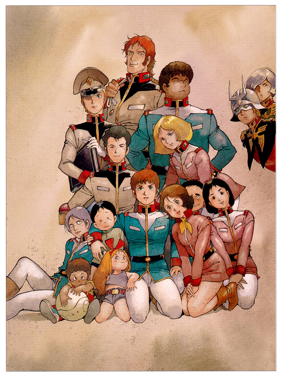 1980s_(style) amuro_ray bag black_hair blonde_hair bright_noa brown_hair char_aznable child crowd earth_federation eye_mask fraw_bow garma_zabi gundam hair_ribbon haro hat hayato_kobayashi helmet highres kai_shiden katz_howan kikka_kitamoto kneeling letz_cofan manly matilda_ajan military military_uniform mirai_yashima mobile_suit_gundam notebook oldschool orange_hair photobomb promotional_art purple_hair red_hair retro_artstyle ribbon robot ryu_jose sayla_mass scan science_fiction sideburns sitting size_difference sleggar_law traditional_media yasuhiko_yoshikazu zeon