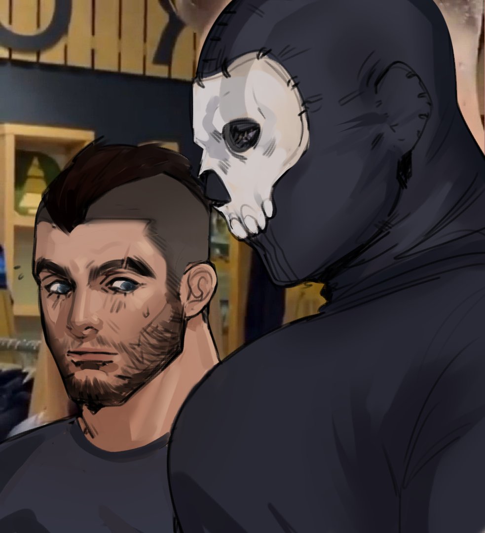 2boys bara black_hair bursting_pectorals call_of_duty call_of_duty:_modern_warfare_2 closed_mouth facial_hair from_side ghost_(modern_warfare_2) girl_staring_at_guy&#039;s_chest_(meme) large_pectorals looking_at_pectorals male_focus mask meme multiple_boys murderpoet muscle_envy muscular muscular_male pectoral_focus pectorals short_hair skull_mask soap_(modern_warfare_2) yaoi