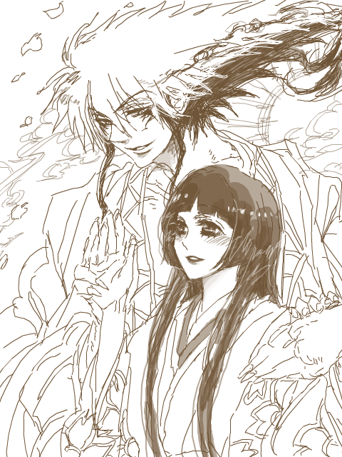 1boy 1girl blunt_bangs blush commentary_request falling_petals greyscale hair_up japanese_clothes kaoru. kimono long_hair monochrome nura_rikuo nurarihyon_no_mago parted_lips petals sidelocks smile upper_body yuki_onna_(nurarihyon_no_mago)