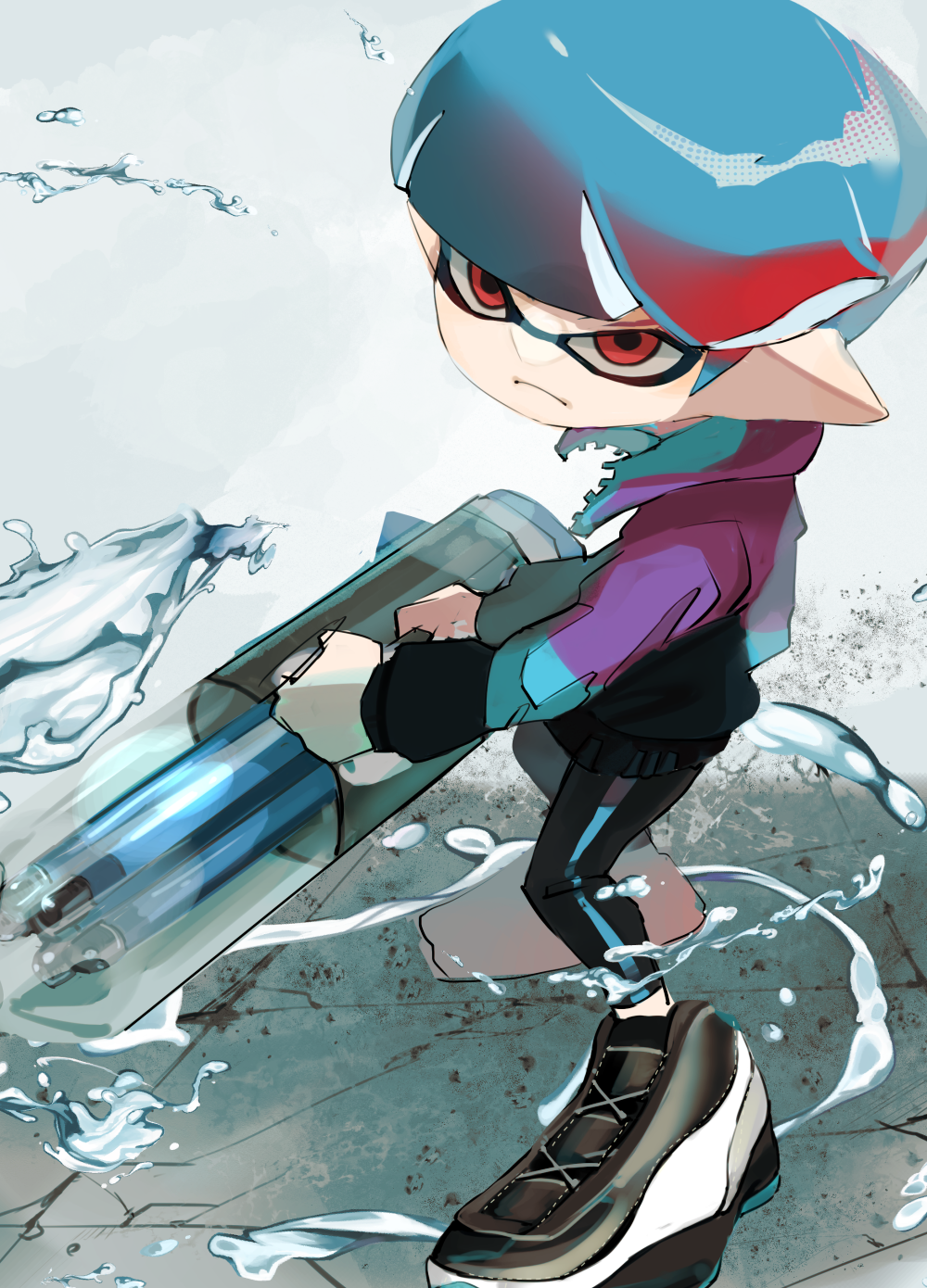 1boy ballpoint_splatling_(splatoon) black_shoes blue_hair bowl_cut closed_mouth frown gradient_hair highres holding inkling jacket koike3582 light_blue_hair long_sleeves multicolored_hair multicolored_jacket multicolored_shoes nintendo pointy_ears red_eyes red_hair shoes short_hair single_vertical_stripe solo splatoon_(manga) splatoon_(series) standing tentacle_hair two-tone_hair two-tone_shoes vintage-kun_(splatoon) white_shoes zipper