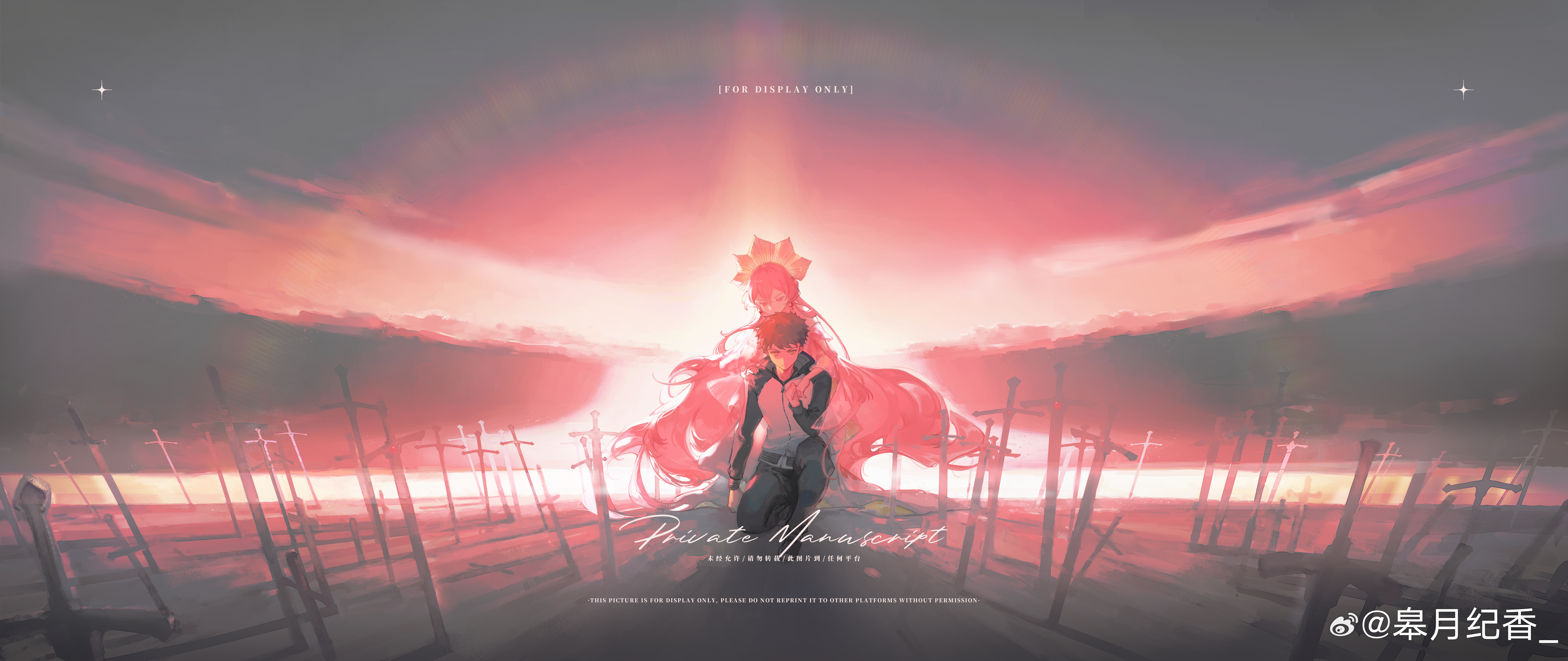 1girl absurdres black_jacket blush bow closed_eyes couple emiya_shirou fate/stay_night fate_(series) field_of_blades gaoyue_jixiang hair_ornament highres hug hug_from_behind igote jacket kanshou_&_bakuya_(fate) long_hair multiple_swords non-web_source oc_x_canon orange_hair original pink_eyes pink_hair planted planted_sword planted_weapon raglan_sleeves red_hair ribbon smile sword too_many_weapons twintails unlimited_blade_works_(reality_marble) watermark weapon weibo_watermark