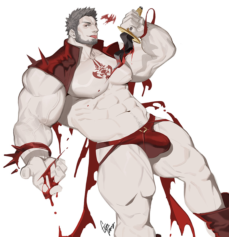 1boy abs artist_name bara beard blood bloody_weapon boots bracelet bulge chest_tattoo collar dagger facial_hair gomtang grey_hair injury jewelry jockstrap knife large_pectorals looking_at_viewer male_focus male_underwear manly mature_male muscular muscular_arms muscular_legs muscular_male navel navel_hair nipples original pale_skin pectorals red_eyes red_male_underwear signature solo spiked_hair spikes tattoo thick_eyebrows thighs tongue tongue_out underwear vampire veins veiny_arms weapon