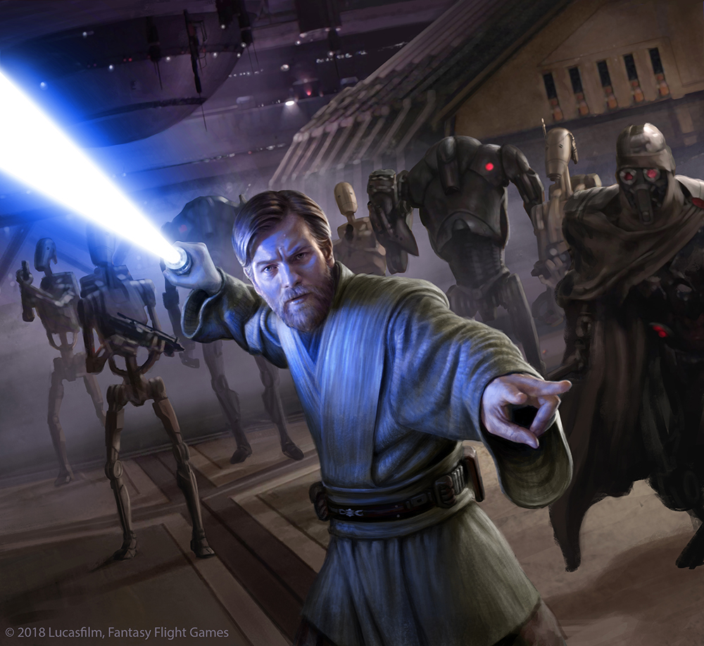 1boy 6+others b1_battle_droid b2_battle_droid beard belt blonde_hair blue_lightsaber brown_tunic commentary copyright_name energy_sword english_commentary facial_hair gun holding holding_gun holding_sword holding_weapon ig-100_magnaguard indoors lightsaber multiple_others obi-wan_kenobi official_art r-valle robot short_hair star_wars star_wars:_revenge_of_the_sith sword tunic watermark weapon