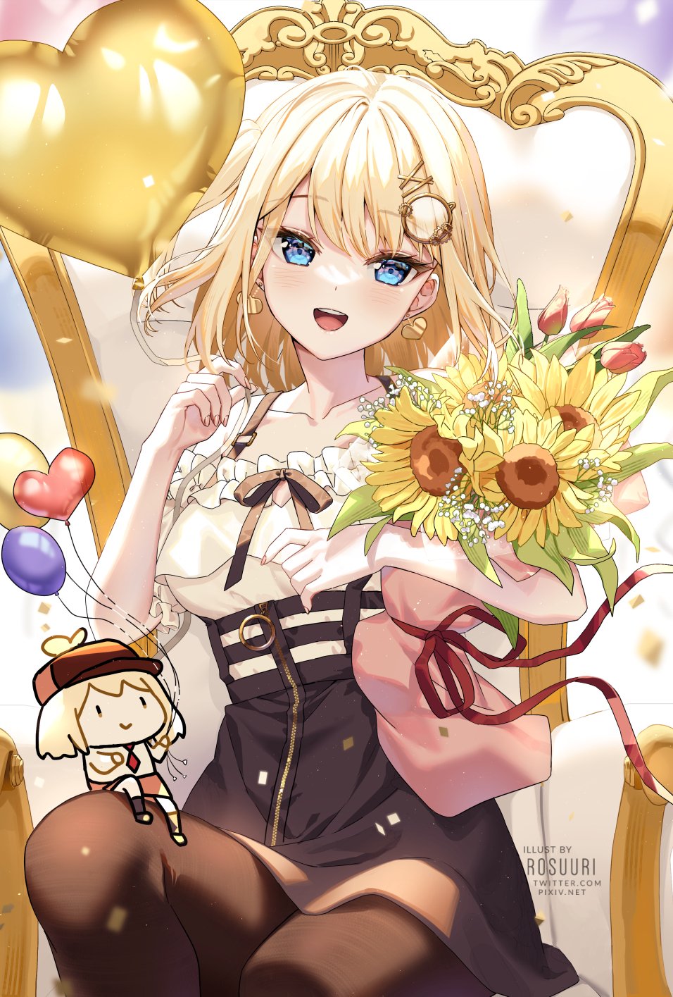1girl :d arm_garter artist_name asymmetrical_hair balloon black_pantyhose black_skirt blonde_hair blue_eyes blush bouquet breasts chair commentary confetti earrings english_commentary eyelashes feet_out_of_frame flower frilled_shirt frills gear_hair_ornament happy_birthday heart heart_balloon heart_earrings highres holding holding_bouquet hololive hololive_english jewelry looking_at_viewer magnifying_glass medium_breasts off-shoulder_shirt off_shoulder official_alternate_costume open_mouth pantyhose rosuuri shirt short_hair side_ponytail sitting skirt smile smol_ame solo sunflower suspender_skirt suspenders throne tulip virtual_youtuber watson_amelia watson_amelia_(street_casual) white_shirt zipper zipper_pull_tab zipper_skirt