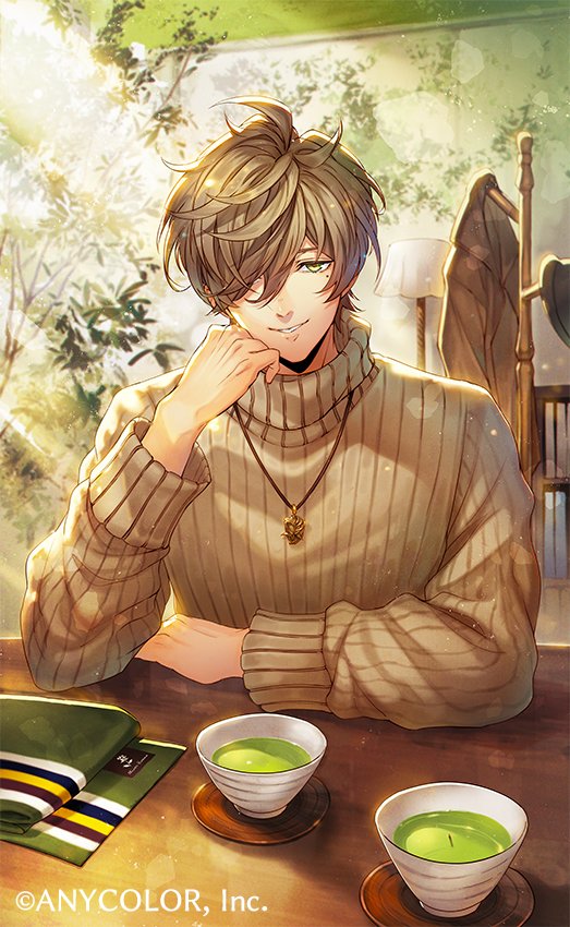1boy bookshelf brown_hair brown_sweater coaster coat coat_rack copyright_notice cup green_eyes green_tea hair_over_one_eye hat head_rest hotaruika_niji indoors jewelry lamp lens_flare long_sleeves looking_at_viewer male_focus mole mole_under_eye nijisanji official_art oliver_evans parted_lips pendant plant ribbed_sweater scarf short_hair smile solo sweater table tea turtleneck turtleneck_sweater unworn_coat unworn_hat unworn_headwear unworn_scarf upper_body virtual_youtuber wooden_table