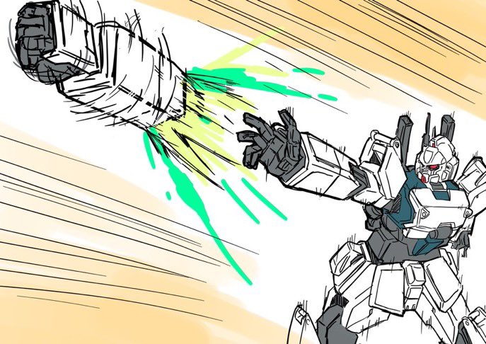 glowing gundam gundam_08th_ms_team gundam_ez8 hiyama_nobuyuki mecha mecha_focus mizuno_sasuga mobile_suit no_humans red_eyes robot rocket_punch science_fiction solo spinning voice_actor_connection weapon yuusha_ou_gaogaigar yuusha_series