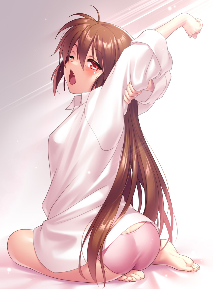 1girl ass barefoot brown_hair collared_shirt commentary_request feet little_busters! long_hair long_sleeves looking_at_viewer looking_back natsume_rin one_eye_closed open_mouth panties pink_panties ponytail red_eyes seiza shirt sitting solo toes tongue underwear white_shirt yawning zen_(kamuro)