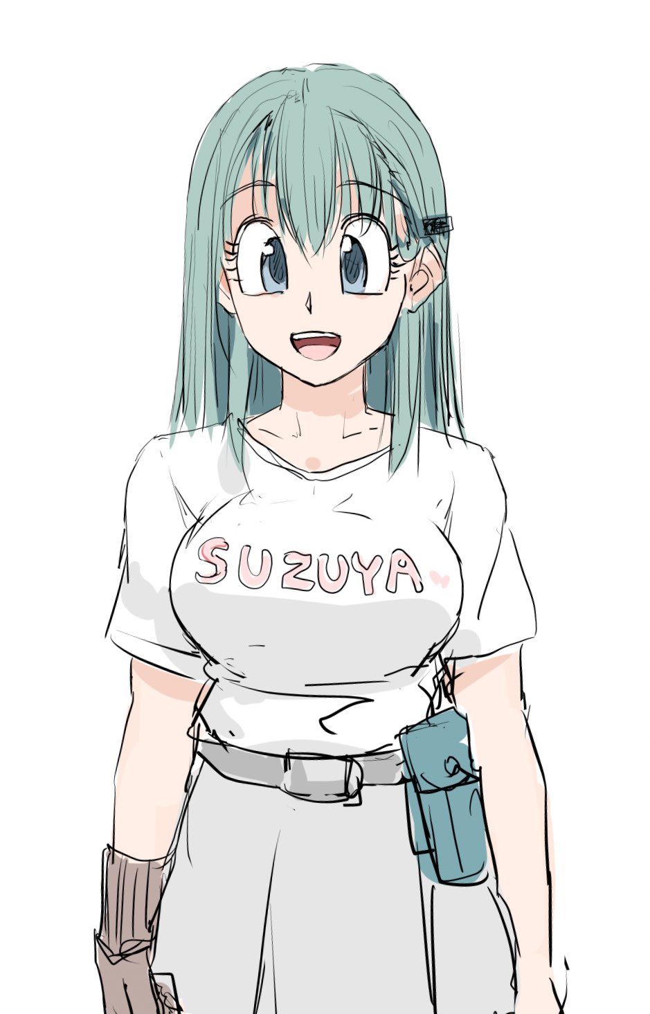 1girl belt character_name clothes_writing green_eyes hair_ornament hairclip highres kantai_collection long_hair looking_at_viewer parody shirt simple_background skirt solo standing style_parody suzuya_(kancolle) t-shirt toriyama_akira_(style) white_background white_shirt white_skirt zekkyon