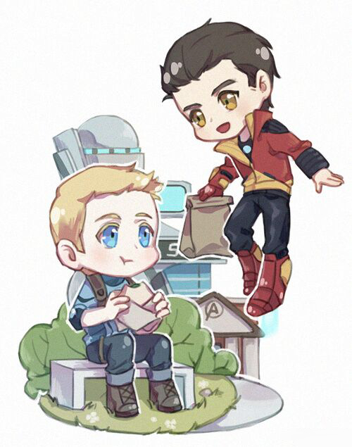 2boys animification arc_reactor armor armored_boots avengers_(series) avengers_academy black_boots black_pants black_shirt blonde_hair blue_eyes blue_pants blue_shirt blush boots brown_hair building bush chibi chinese_commentary closed_mouth commentary_request eating flower flying food full_body grass holding holding_food holding_sandwich jacket long_sleeves looking_at_another male_focus marvel multiple_boys on_bench open_clothes open_jacket open_mouth outdoors package pants red_armor red_jacket rock sandwich shield shield_on_back shirt short_hair sitting sleeves_rolled_up smile steve_rogers t-shirt tony_stark tower white_flower yellow_eyes yizilu699