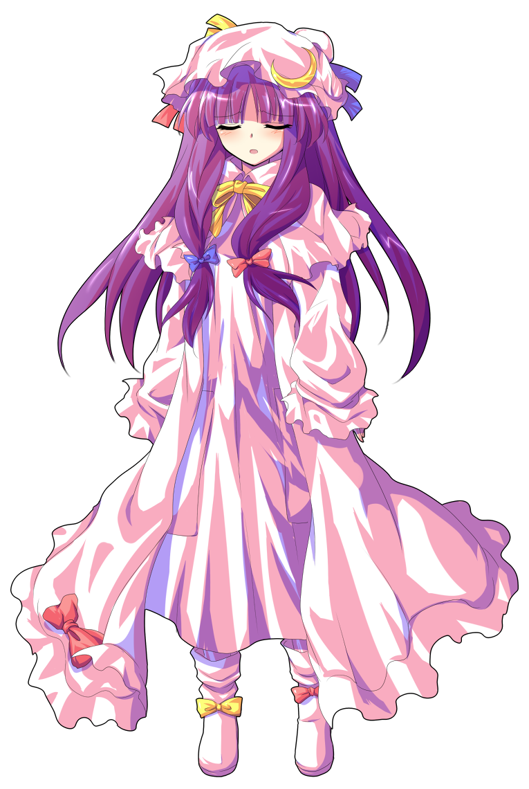 1girl alphes_(style) arms_at_sides blue_bow blue_ribbon blush bobby_socks bow bowtie bun_cover capelet closed_eyes commentary_request crescent crescent_hat_ornament dairi dress eyes_visible_through_hair facing_viewer full_body hair_bow hat hat_ornament large_variant_set legs_apart long_hair long_sleeves mob_cap open_mouth parody parted_bangs patchouli_knowledge pink_bow pink_ribbon purple_hair ribbon socks solo style_parody tachi-e touhou transparent_background variant_set white_capelet white_dress white_hat white_socks yellow_bow yellow_bowtie