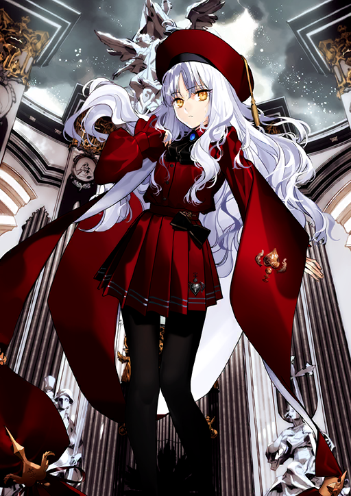 1girl ascot black_ascot black_bow black_pantyhose blue_brooch bow bow_skirt breasts buttons caren_hortensia caren_hortensia_(amor_caren) caren_hortensia_(amor_caren)_(second_ascension) closed_mouth collared_shirt expressionless fate/grand_order fate_(series) feet_out_of_frame floating_hair game_cg hand_in_own_hair hand_up hat hat_tassel long_hair long_sleeves looking_at_viewer miniskirt morii_shizuki official_art pantyhose parted_bangs pleated_skirt puffy_long_sleeves puffy_sleeves red_hat red_shawl red_shirt red_skirt shawl shirt shirt_tucked_in shroud_of_magdalene skirt small_breasts solo standing tassel third-party_source two-sided_shawl variant_set very_long_hair white_hair wing_collar yellow_eyes