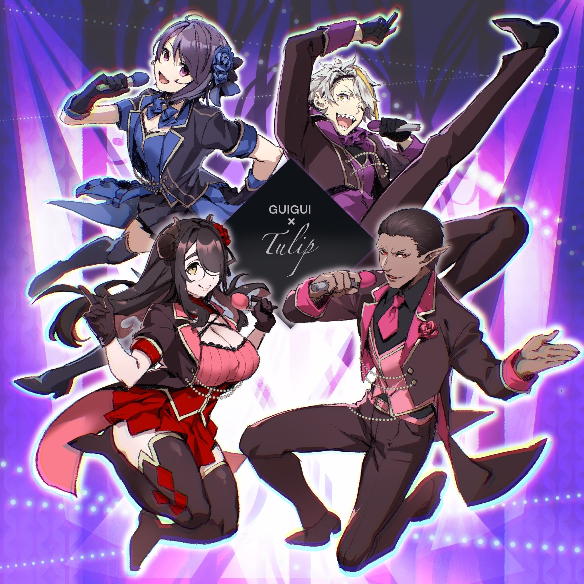 2boys 2girls black_gloves black_hair blonde_hair blue_flower bow bowtie breasts brown_hair brown_pants cleavage closed_mouth flower gloves gundou_mirei gwelu_os_gar hair_flower hair_ornament highres holding holding_microphone horns indie_virtual_youtuber itou_life_(vtuber) jip long_sleeves microphone multicolored_hair multiple_boys multiple_girls nijisanji one_eye_closed open_mouth pants pointy_ears purple_eyes purple_hair red_eyes sharp_teeth teeth thighhighs utai_meika virtual_youtuber white_hair yellow_eyes