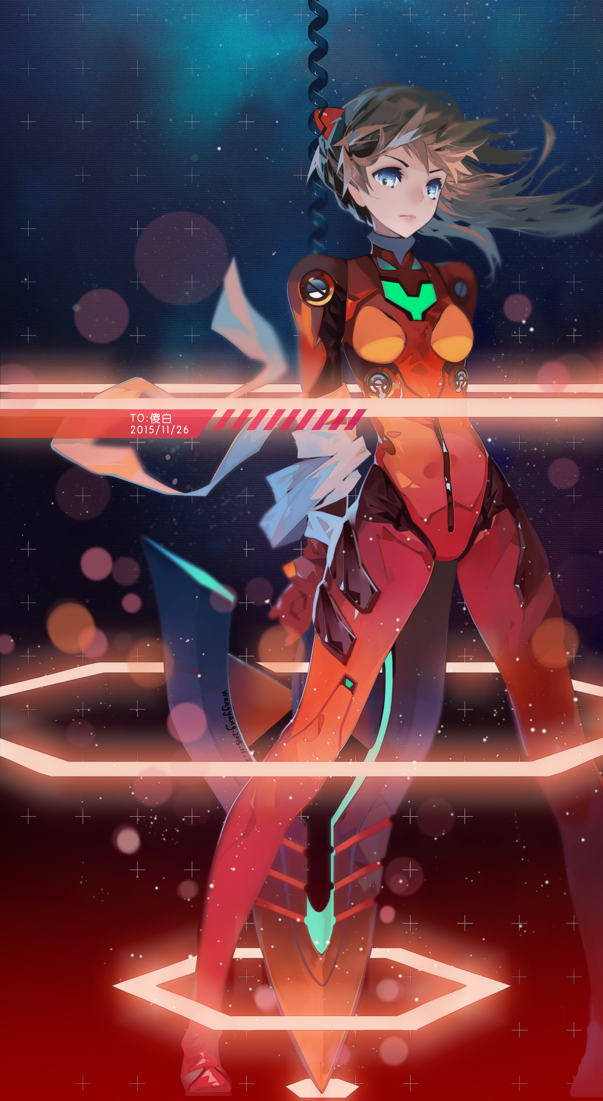 10s 123456_(1322881) 1girl 2015 absurdres arms_behind_back bandaged_arm bandages blue_eyes blurry bodysuit bokeh bracer breasts brown_hair clenched_hand closed_mouth dated depth_of_field female_focus floating_hair gloves grey_hair hair_ornament headgear highres huge_weapon lance_of_longinus_(evangelion) lcl legs_apart lens_flare long_hair looking_at_viewer mecha_pilot_suit neon_genesis_evangelion night night_sky outdoors planted plugsuit_(evangelion) polearm rebuild_of_evangelion sky small_breasts solo souryuu_asuka_langley spear_of_cassius standing star_(sky) text_focus turtleneck weapon wind