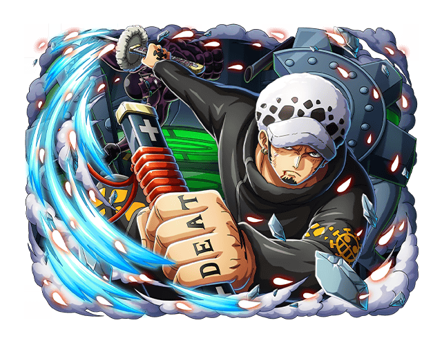 2boys black_coat black_hair blood blood_on_face closed_mouth coat commentary earrings english_commentary facial_hair fighting finger_tattoo fur_hat goatee haki_(one_piece) hand_tattoo hat heart_pirates_jolly_roger holding holding_sword holding_weapon jewelry katana long_sleeves male_focus multiple_boys muscular muscular_male official_art one_piece one_piece_treasure_cruise sword tattoo teeth trafalgar_law v-shaped_eyebrows vergo_(one_piece) weapon
