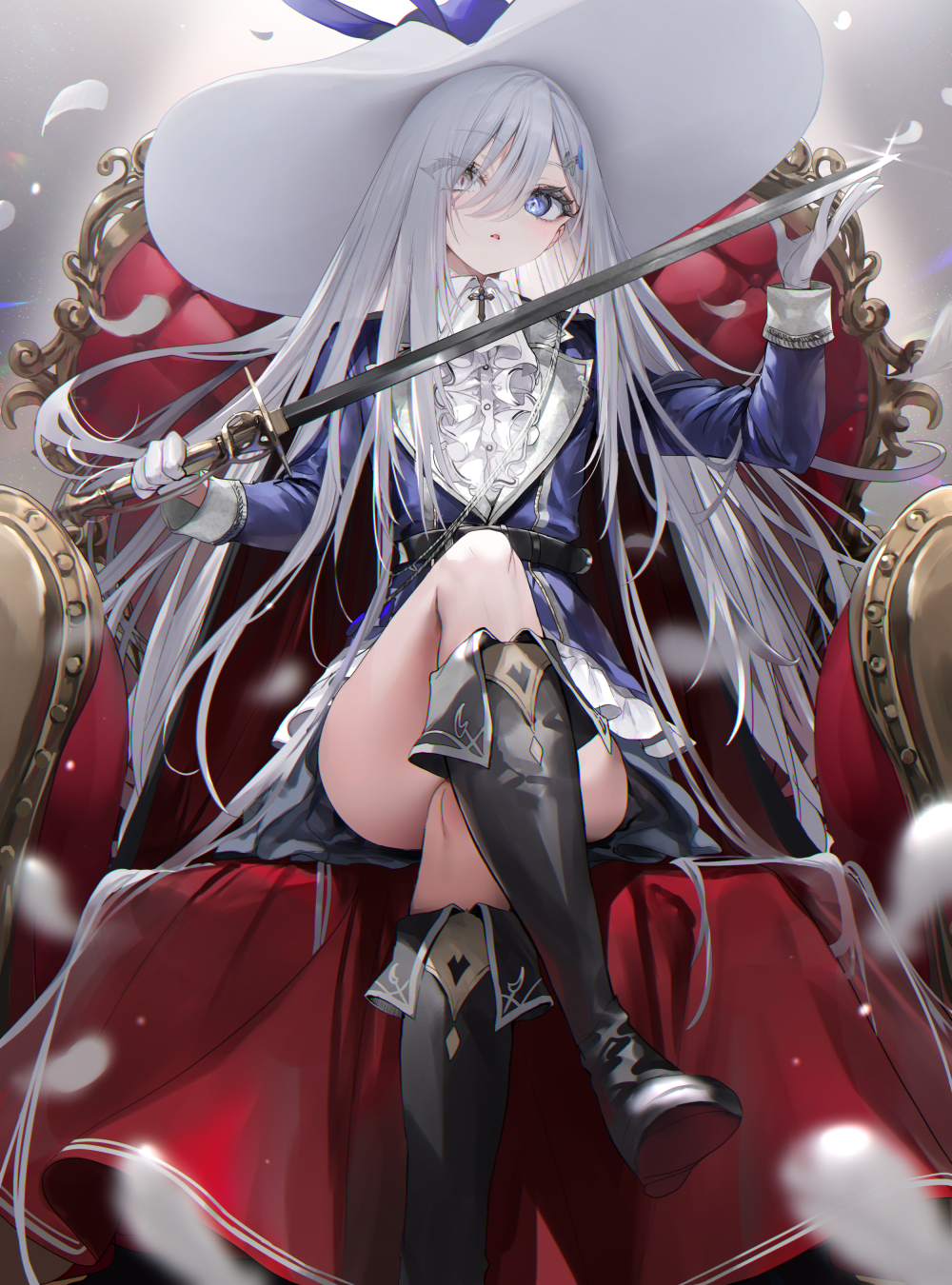 1girl belt blue_eyes blurry blurry_foreground boots chair crossed_legs eyes_visible_through_hair feathers gloves grey_eyes grey_hair hair_over_one_eye hat hetero highres holding holding_sword holding_weapon knee_boots long_hair nekometaru original shibou_yuugi_de_meshi_o_kuu sitting solo sword symbol-shaped_pupils textless_version very_long_hair weapon white_gloves yuuki_(shibou_yuugi)