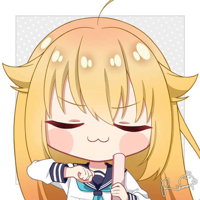 1girl ahoge aqua_neckerchief blonde_hair blue_sailor_collar chibi closed_eyes closed_mouth collared_shirt fpsmoe glowstick hair_between_eyes hair_flaps koshi_torako long_sleeves meme neckerchief sailor_collar school_uniform shikairo_days shikairo_days_dance_(meme) shikanoko_nokonoko_koshitantan shirt signature solo uwu white_shirt