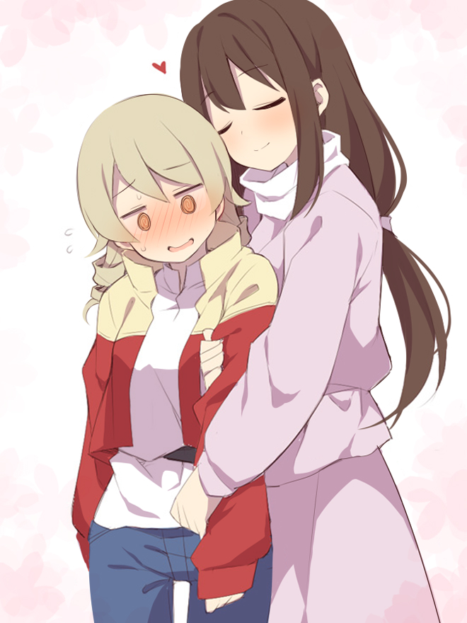 2girls after_war_gundam_x arm_hug bad_id bad_pixiv_id blue_pants blush brown_eyes brown_hair closed_eyes closed_mouth cosplay denim flying_sweatdrops garrod_ran garrod_ran_(cosplay) gundam heart idolmaster idolmaster_cinderella_girls jacket jeans long_hair morikubo_nono multiple_girls nose_blush open_clothes open_jacket pants parted_lips pink_shirt pink_skirt red_jacket revision ringlets shibuya_rin shirt simple_background skirt smile sweat tiffa_adill tiffa_adill_(cosplay) uccow very_long_hair white_background white_shirt yuri