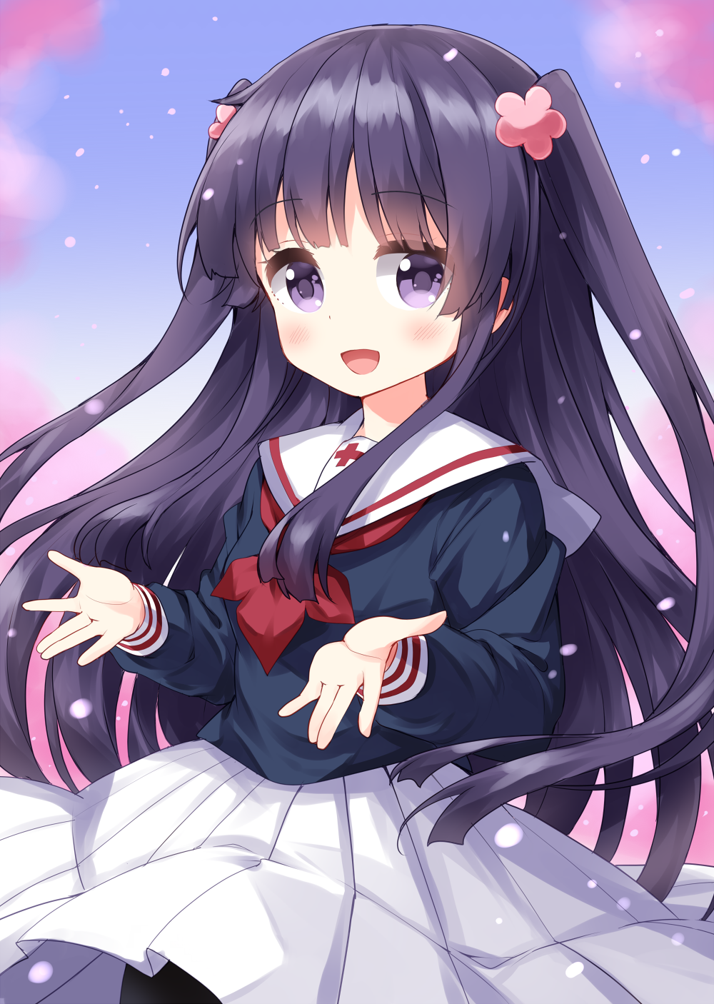 1girl :d \||/ blue_shirt blunt_bangs blurry blurry_background blush cherry_blossoms commentary_request cowboy_shot day flower hair_flower hair_ornament hands_up highres kohashi_wakaba long_hair long_sleeves looking_at_viewer multi-source_commentary neckerchief open_mouth outdoors pleated_skirt purple_eyes purple_hair red_neckerchief ruu_(tksymkw) sailor_collar school_uniform serafuku shirt skirt smile solo two_side_up wakaba_girl white_sailor_collar white_skirt