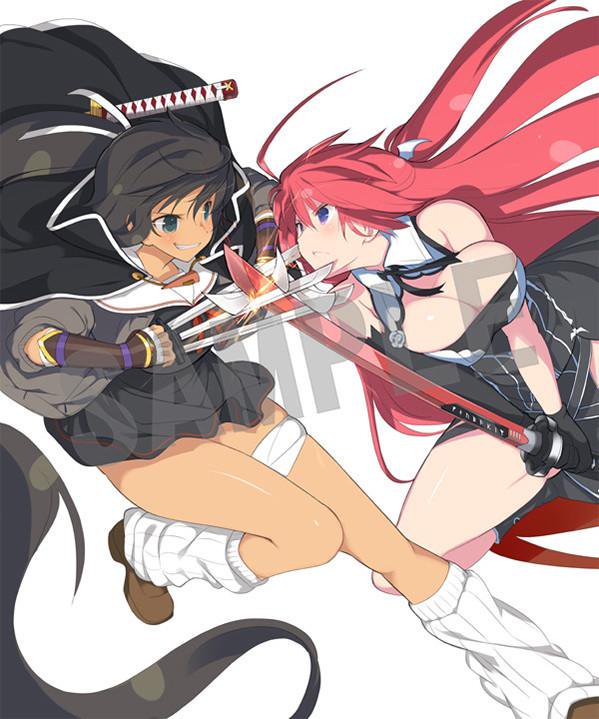 10s 2girls battle breasts crossover dark-skinned_female dark_skin female_focus fight high_ponytail homura_(senran_kagura) ignis_(jingai_makyou) jingai_makyou large_breasts long_hair multiple_girls nitro+_blasterz ponytail red_hair school_uniform senran_kagura skirt smile sword weapon