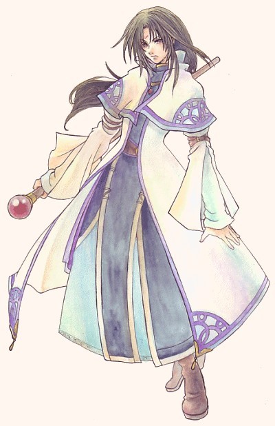 1boy black_hair capelet come-sta commentary_request facial_mark fire_emblem fire_emblem:_radiant_dawn forehead_mark full_body holding holding_staff long_hair male_focus nintendo official_alternate_costume simple_background solo soren_(fire_emblem) soren_(radiant_confidant)_(fire_emblem) staff