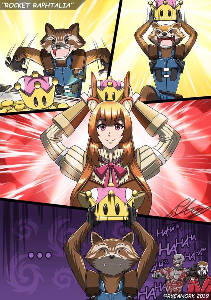 1girl 3boys animal_ears crossover drax_the_destroyer genderswap genderswap_(mtf) guardians_of_the_galaxy marvel marvel_cinematic_universe multiple_boys parody peter_quill raccoon raccoon_ears raccoon_girl raccoon_tail raphtalia rocket_raccoon super_crown tail tate_no_yuusha_no_nariagari