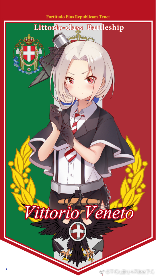 1girl belt black_gloves black_shorts black_skirt blush buxiuhongxingshe_jintiantuopinlema capelet closed_mouth collared_shirt english_text flag_background gloves hair_slicked_back hat italian_flag looking_at_viewer necktie parted_bangs red_eyes red_necktie shirt short_hair shorts skirt solo striped_necktie suspenders vittorio_veneto_(warship_girls_r) warship_girls_r watermark weibo_watermark white_hair white_shirt