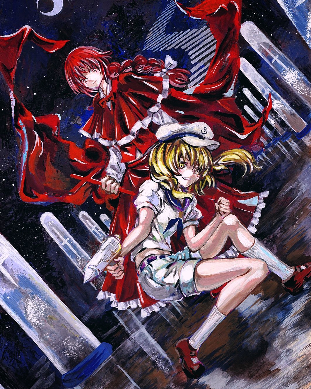 2girls acrylic_paint_(medium) blonde_hair blue_sailor_collar bow braid capelet cross dress gun hat highres kabaji kitashirakawa_chiyuri long_hair long_sleeves looking_at_viewer multiple_girls okazaki_yumemi painting_(medium) phantasmagoria_of_dim.dream probability_space_hypervessel red_eyes red_hair ribbon sailor sailor_collar sailor_hat shirt short_hair short_sleeves shorts skirt smile touhou touhou_(pc-98) traditional_media twintails vest weapon yellow_eyes