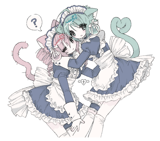 2girls ? ahoge animal_ears apron back_bow blue_gemstone blue_hair bow cat_ears cat_tail cowboy_shot dress earrings frilled_apron frilled_dress frilled_straps frills gem hair_ribbon heart heart_tail jewelry long_sleeves maid maid_headdress multiple_girls one_eye_closed original pink_gemstone ribbon short_hair socks speech_bubble tail thigh_strap u_emper waist_apron white_bow white_ribbon white_socks
