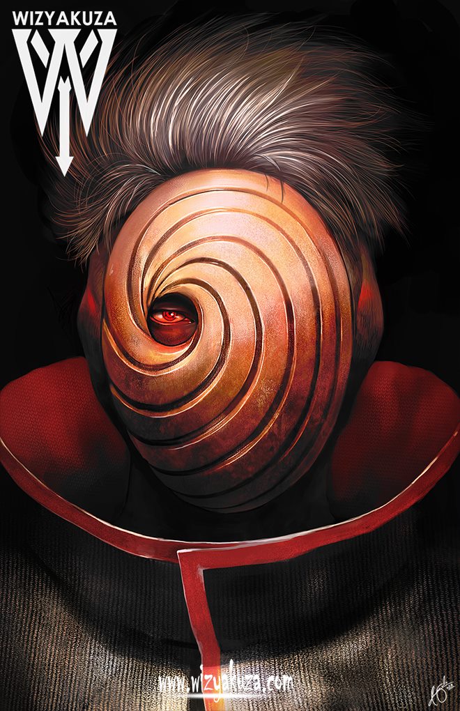 1boy akatsuki_uniform artist_name black_hair high_collar looking_at_viewer male_focus mask masked_madara naruto_(series) naruto_shippuuden portrait red_eyes sharingan short_hair signature solo tobi_(naruto) uchiha_obito watermark web_address wizyakuza