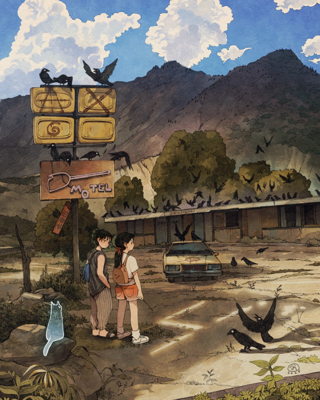 1boy 1girl abandoned artist_logo backpack bag bird black_hair black_sandals black_tank_top blue_sky brown_pants building car cat cloud commentary crow dated day ghost graffiti hands_in_pockets highres holding holding_wand logo long_hair looking_afar looking_at_viewer looking_back motel motor_vehicle mountain mountainous_horizon orange_shorts original outdoors overgrown pants parking_lot pinstripe_pants pinstripe_pattern ponytail profile rock runes sandals shirt shoes short_hair shorts sign simz sky socks tank_top too_many too_many_birds tree wand weeds white_shirt white_shoes white_socks yellow_car