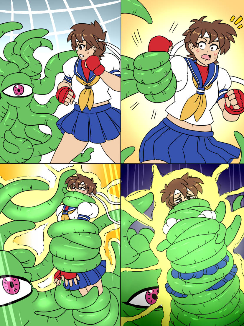 1girl alien battle blush brown_hair capcom creature gloves headband kasugano_sakura looking_at_another marvel marvel_super_heroes_vs._street_fighter marvel_vs._capcom marvel_vs._capcom_2 midriff mouth_covering navel school_uniform shuma_gorath skirt strangulation sweat tentacles violence worried