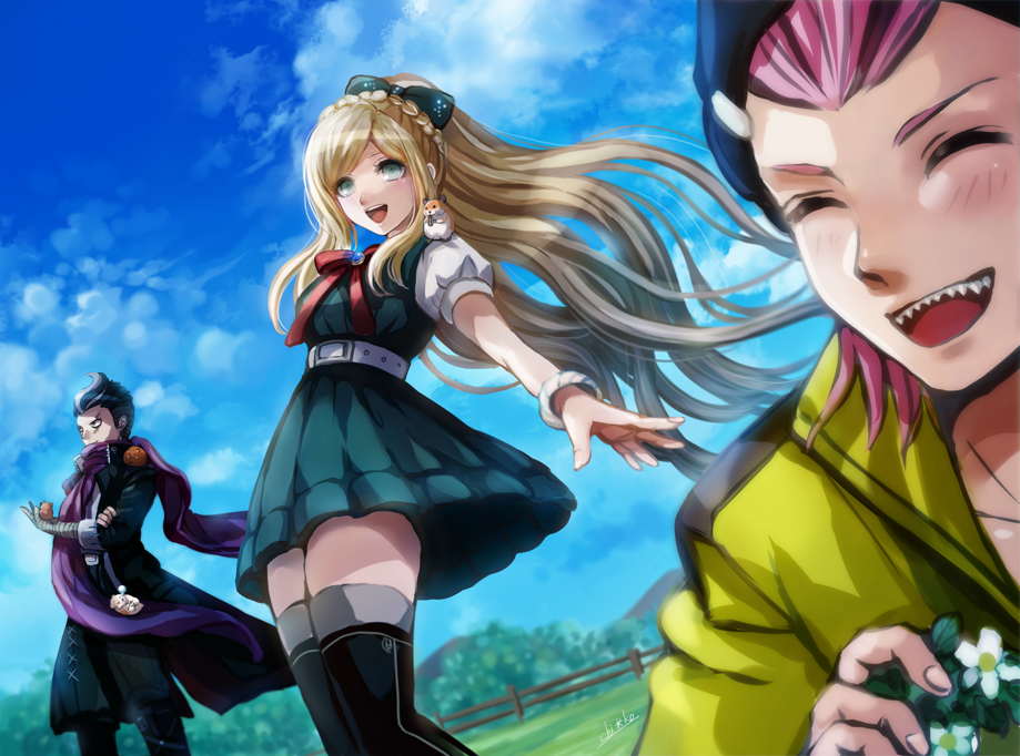 10s 1girl 2boys animal armband bandages black_hair blonde_hair blue_eyes bow braid cham-p chiko_(d04099) chuunibyou danganronpa_(series) day dress closed_eyes french_braid gem hair_bow hamster heterochromia jacket jum-p long_hair maga-g multiple_boys open_mouth pink_hair ponytail scar scarf scarf_over_mouth sharp_teeth sidelocks smile sonia_nevermind soda_kazuichi sun-d danganronpa_2:_goodbye_despair tanaka_gundham tanaka_gundam teeth very_long_hair wreath