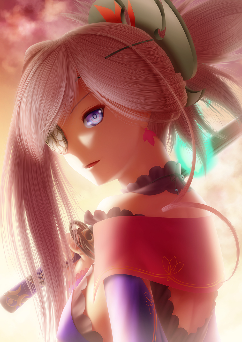 1girl bare_shoulders blue_eyes blue_kimono breasts earrings eyepatch fate/grand_order fate_(series) gradient_sky hair_ornament highres japanese_clothes jewelry katana kimono large_breasts long_hair long_sleeves looking_at_viewer looking_back masatoki miyamoto_musashi_(fate) miyamoto_musashi_(third_ascension)_(fate) open_mouth orange_sky pink_hair ponytail sky smile solo sunset swept_bangs sword twilight weapon
