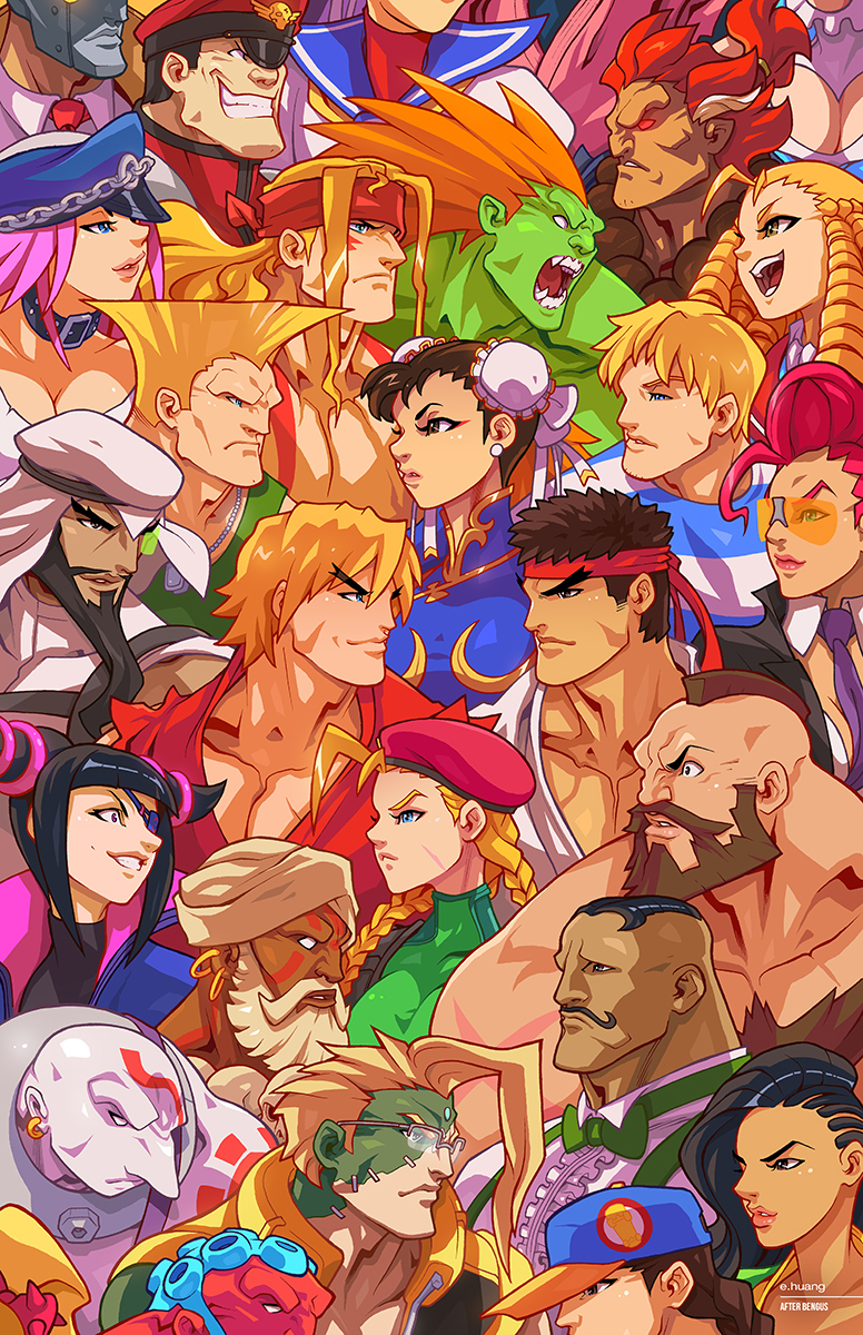 6+boys 6+girls akuma_(street_fighter) alex_(street_fighter) asymmetrical_hair belt_collar beret blanka cammy_white capcom charlie_nash chest_hair chun-li cody_travers collar crimson_viper dark_skin dudley edwin_huang effie_(street_fighter) everyone evil_smile eye_contact eyepatch facial_hair final_fight guile hakan han_juri hat head_out_of_frame headband hibiki_dan highres kanzuki_karin kasugano_sakura keffiyeh ken_masters laura_matsuda looking_at_another m._bison marvel_vs._capcom mask mohawk multiple_boys multiple_girls mustache necro_(street_fighter) opposing_sides poison_(final_fight) q_(street_fighter) rainbow_mika rashid_(street_fighter) ryu_(street_fighter) scar smile street_fighter street_fighter_ii_(series) street_fighter_iii_(series) street_fighter_iv_(series) street_fighter_v street_fighter_zero_(series) tattoo turban yang_lee zangief