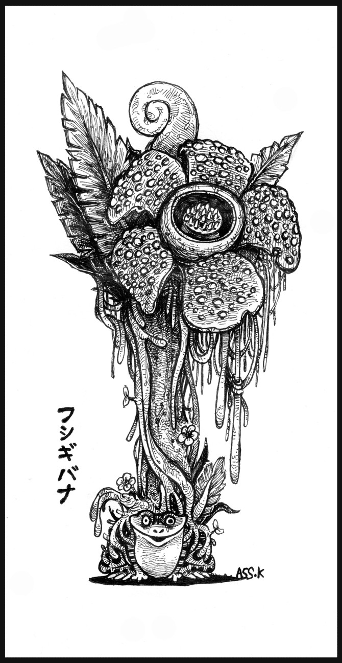 alternate_art_style ass.k flower frog full_body gen_1_pokemon greyscale highres looking_at_viewer monochrome nintendo no_humans nostrils plant pokemon pokemon_(creature) rafflesia_(flower) redesign signature simple_background solo translated venusaur vines white_background
