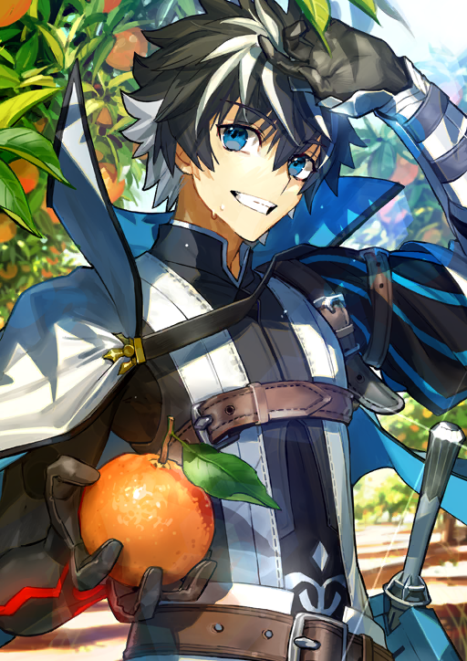 1boy arm_belt arm_up armor armored_gloves asymmetrical_armor asymmetrical_sleeves belt black_gloves black_hair black_shirt blue_eyes bracer brown_belt capelet charlemagne_(fate) charlemagne_(first_ascension)_(fate) chest_belt collared_capelet diffraction_spikes fate/grand_order fate_(series) food fruit game_cg gauntlets glint gloves grin hair_between_eyes hand_up high_collar holding holding_food holding_fruit long_sleeves looking_at_viewer male_focus multicolored_hair nature official_art orange_(fruit) outdoors puffy_sleeves sheath sheathed shirt short_hair single_bracer single_gauntlet smile solo spiked_hair streaked_hair sunlight sweat sweater_guard teeth third-party_source two-sided_capelet two-tone_hair upper_body wada_arco white_armor white_capelet white_hair wiping_forehead