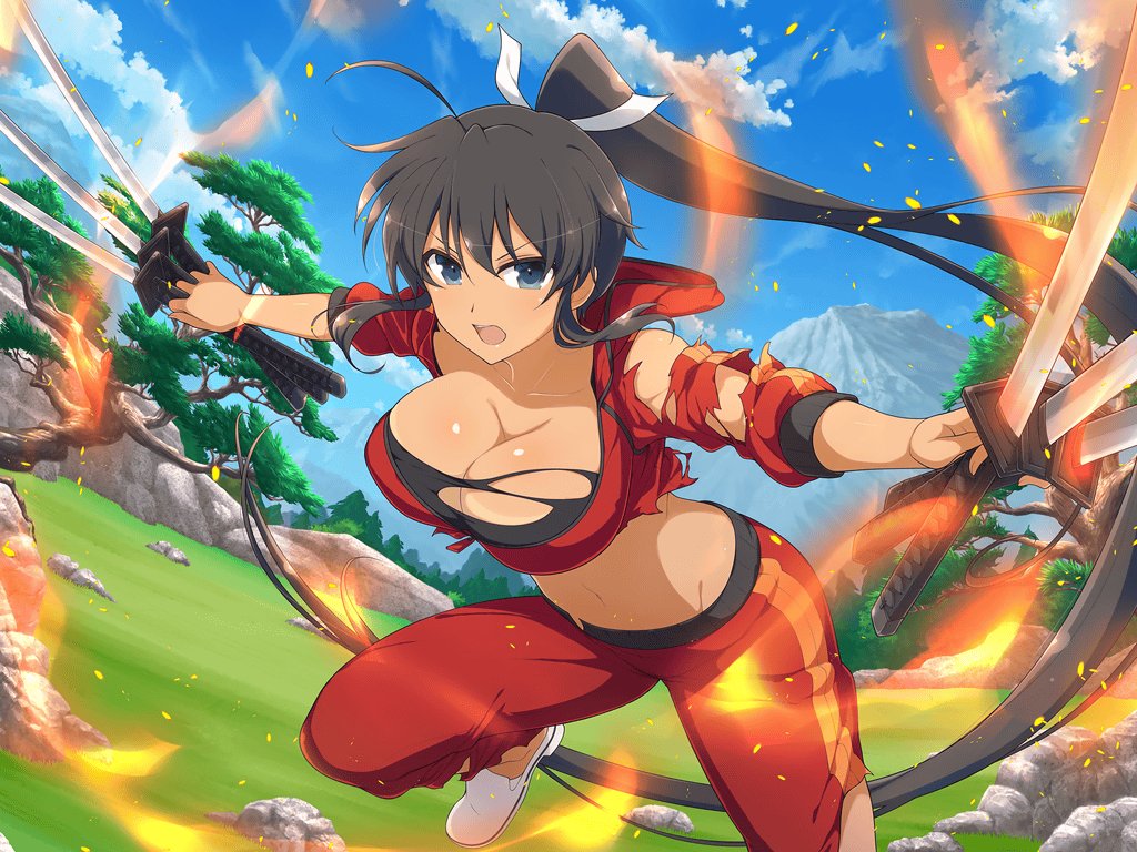 1girl attack bare_shoulders black_hair black_sports_bra blue_eyes blush body_blush bonsai boulder bra breasts cleavage curvy dark-skinned_female dark_skin day field fire forest grass groin hair_ribbon high_ponytail holding holding_sword holding_weapon homura_(senran_kagura) hood hooded_jacket jacket jumping katana large_breasts linea_alba long_hair looking_at_viewer mountain mountainous_horizon multiple_swords multiple_wielding nature navel official_alternate_costume official_art pants plant ponytail red_track_suit ribbon rock senran_kagura senran_kagura_shoujo-tachi_no_shin&#039;ei solo sports_bra sword tan tanline torn_bra torn_clothes torn_pants torn_sleeve torn_sports_bra track_jacket track_pants track_suit tree tsuba_(guard) tsuka-ito underwear very_long_hair weapon white_footwear white_ribbon wide_hips yaegashi_nan