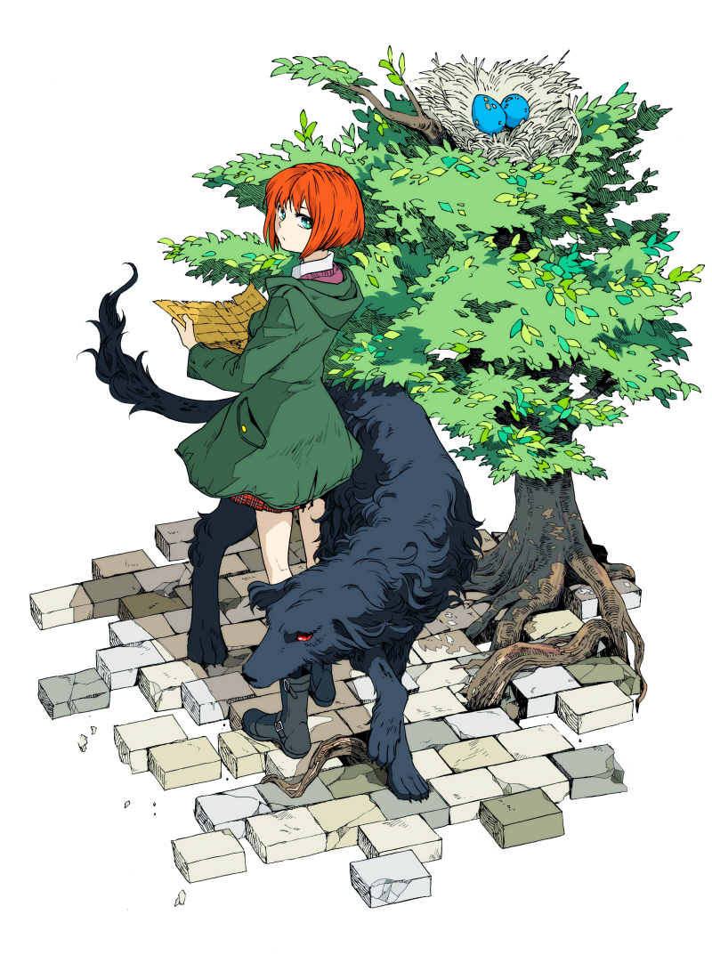 10s 1girl aqua_eyes bad_id bad_pixiv_id bird_nest dog hatori_chise hood hoodie mahou_tsukai_no_yome map official_art original red_hair ruth_(mahou_tsukai_no_yome) short_hair tree yamazaki_kore